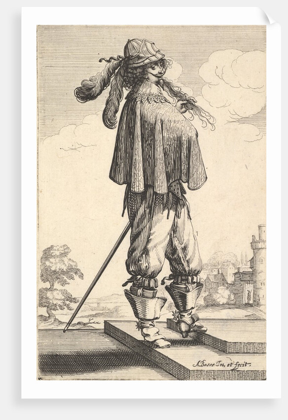 A gentleman wearing a short coat, a helmet, and boots with spurs, standing on the steps an…, 1629 by Abraham Bosse