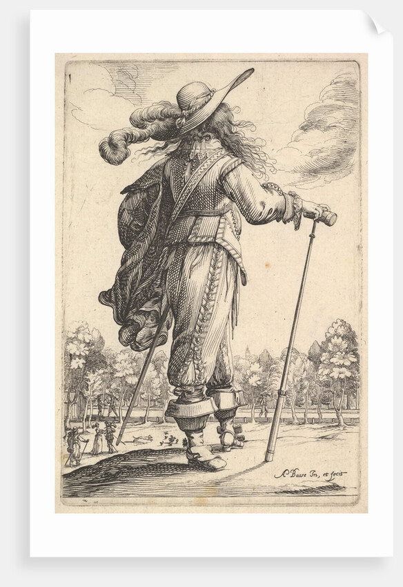 A gentleman, seen from behind, walking towards the right with a cane and wearing a plumed …, 1629 by Abraham Bosse