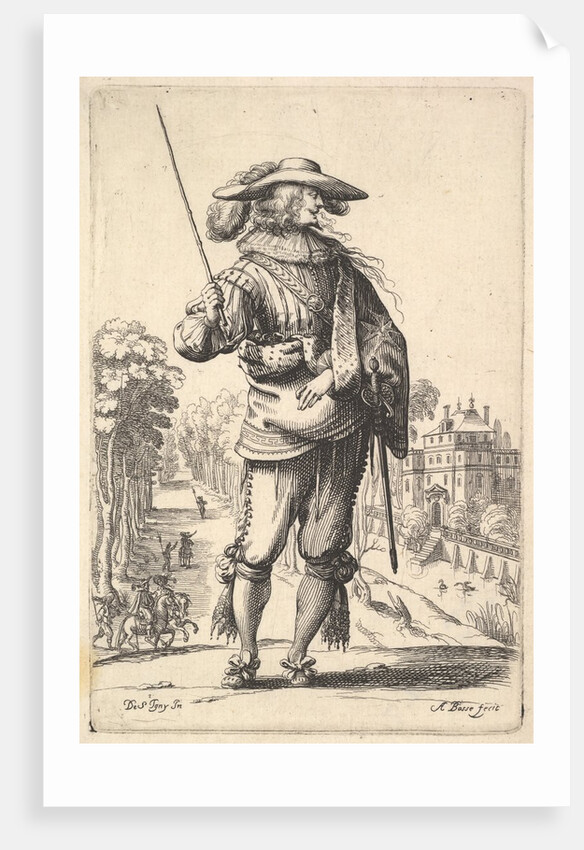 A gentleman with his head turned towards the right in profile, wearing a plumed hat and a …, 1629 by Abraham Bosse