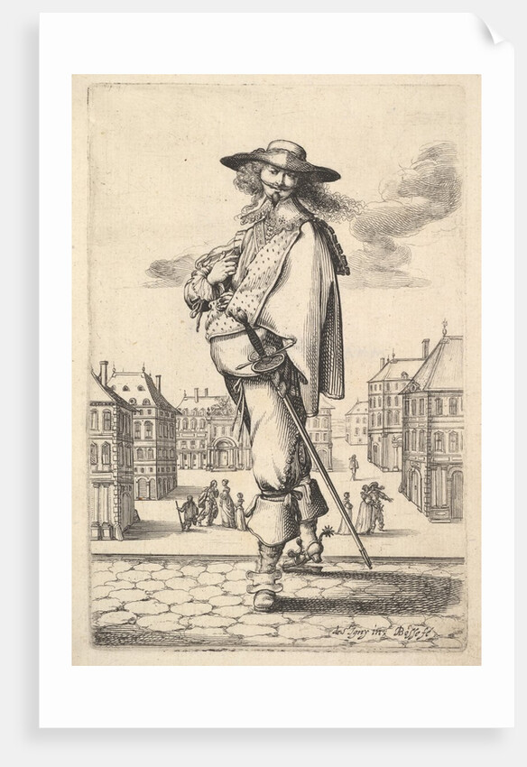 A gentleman, turned three-quarters to the left, wearing a hat and boots with spurs, carryi…, 1629 by Abraham Bosse