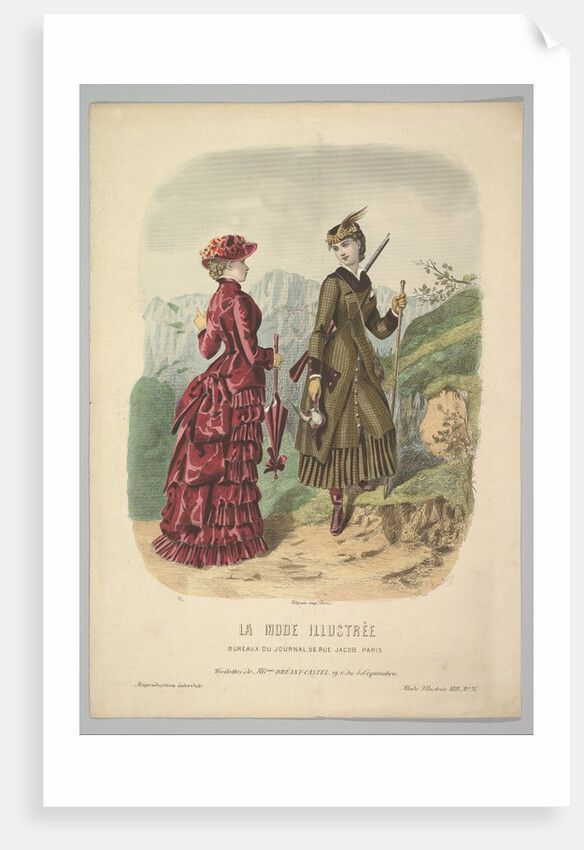 A Lady in a Hunting Costume with a Lady in Walking Costume on a Mountain Path from La Mode…, 1881 by Adèle-Anaïs Colin