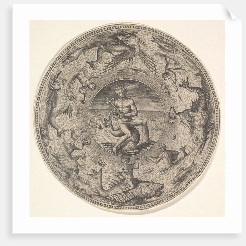 Arion on a Dolphin surrounded by a Border decorated with Sea Creatures, from a Set of…, 1580-1600 by Adriaen Collaert