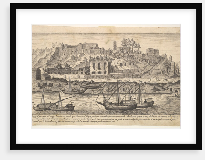 Plate 21: view from the west of ruins of the Aventine Hill, Rome, with boats on the river …, 1606 by Aegidius Sadeler II