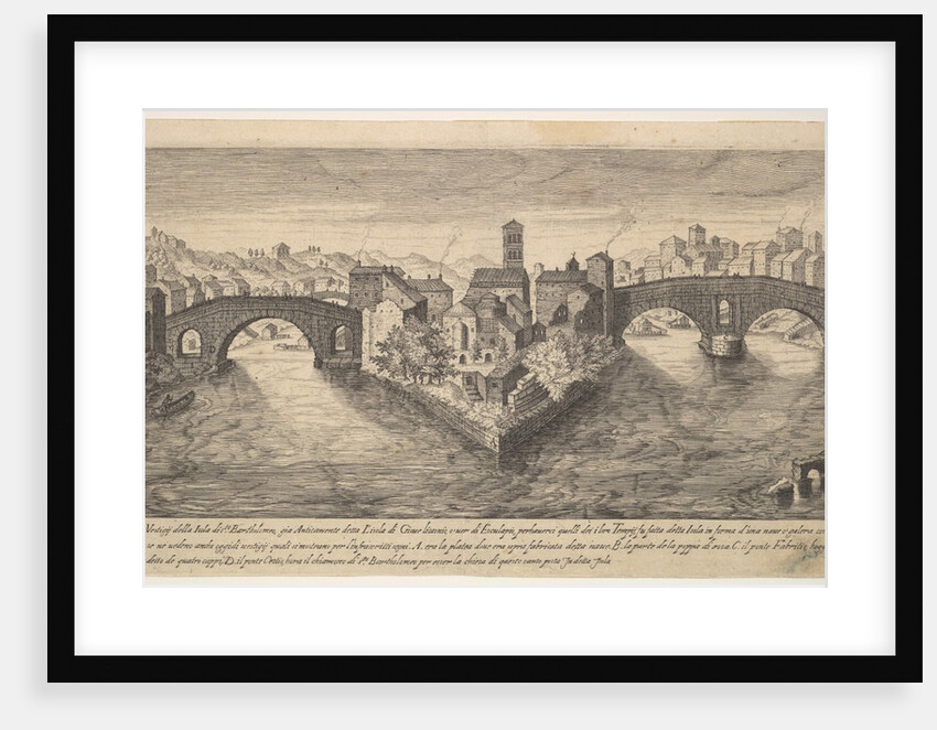 Plate 37: view of the church of San Bartolomeo all'Isola on Tiber Island, Rome, flanked by…, 1606 by Aegidius Sadeler II