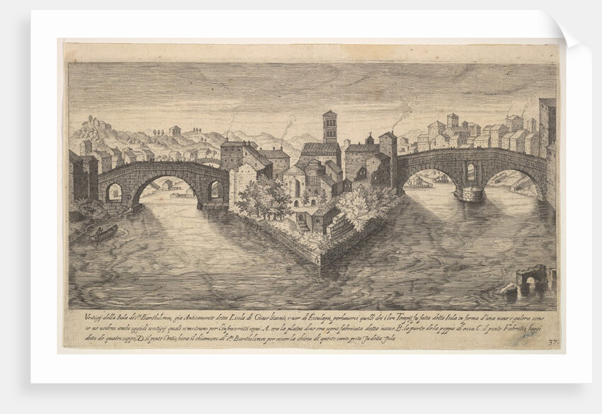 Plate 37: view of the church of San Bartolomeo all'Isola on Tiber Island, Rome, flanked by…, 1606 by Aegidius Sadeler II