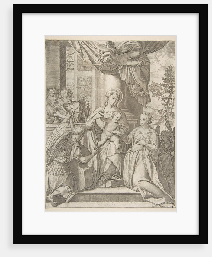 The mystic marriage of Saint Catherine who sits at center with the Christ child, angels wi…, 1585 by Agostino Carracci