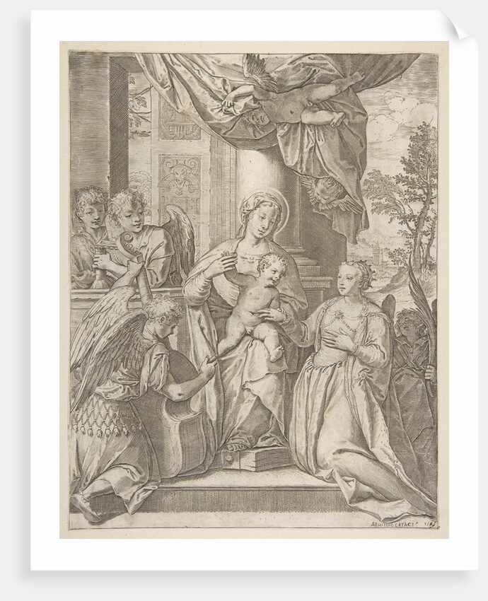 The mystic marriage of Saint Catherine who sits at center with the Christ child, angels wi…, 1585 by Agostino Carracci