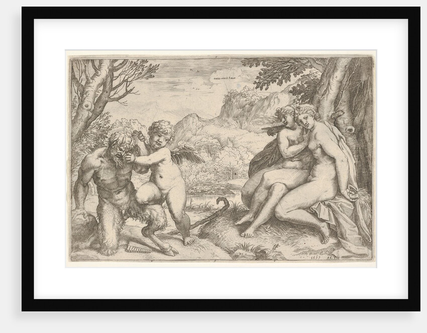 Love Conquers All, in a struggle with a satyr Amor places his right kn…, 1599 by Agostino Carracci