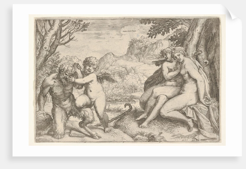 Love Conquers All, in a struggle with a satyr Amor places his right kn…, 1599 by Agostino Carracci