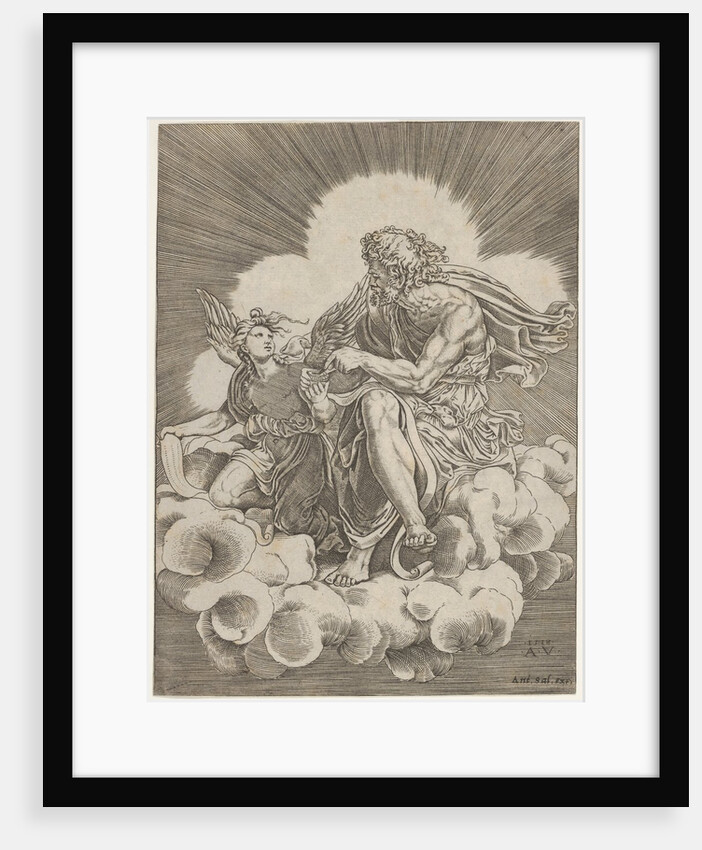 St. Matthew, seated on a cloud and dipping a quill into an inkwell held by an angel…, ca. 1518-20 by Agostino Veneziano