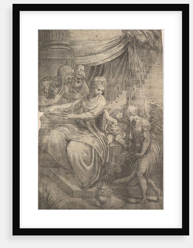 The Holy Family, an angel holding flowers approaching from the right, ca. 1550-53 by Andrea Schiavone