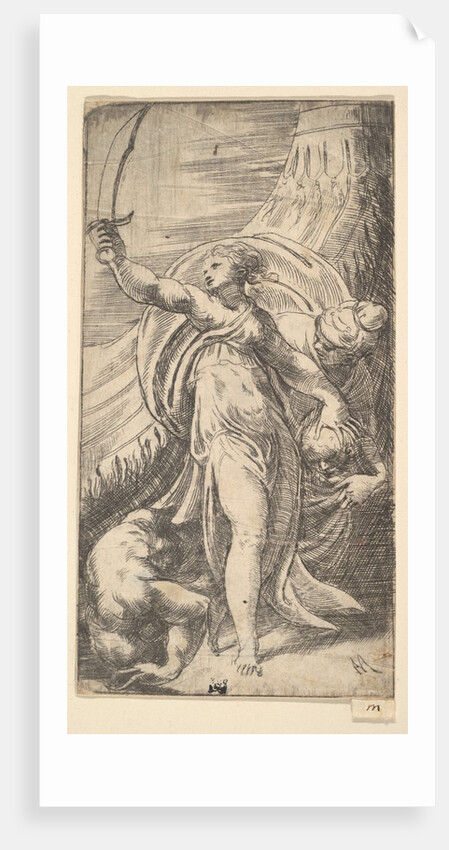 Judith her sword raised in her right hand, placing the head of Holofernes in the sa…, ca. 1542-45 by Andrea Schiavone