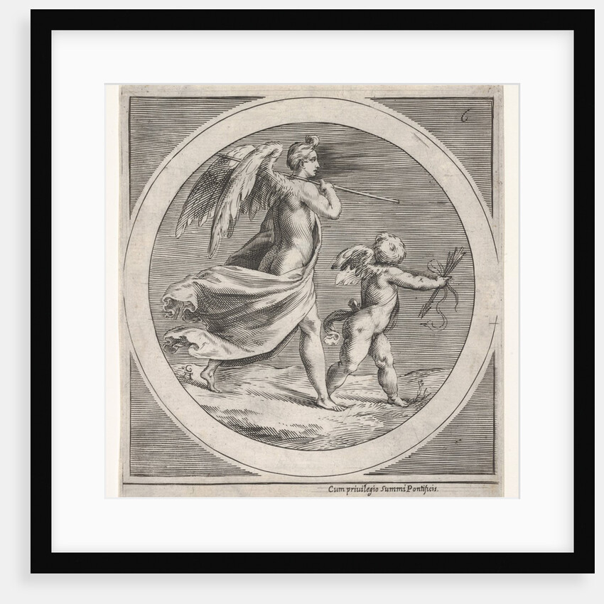 Winged female figure, draped and carrying a staff, striding behind a winged putto…, ca. 1550-1600 by Unknown