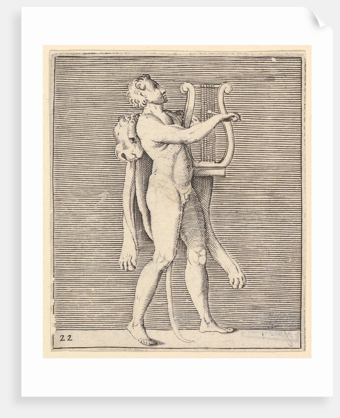 Hercules playing a lyre, a lionskin draped over his shoulder, published ca. 1599-1622 by Unknown