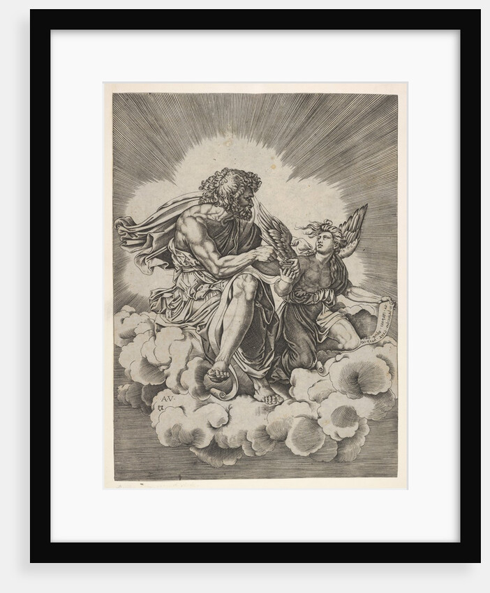 St. Matthew, seated on a cloud with legs crossed and dipping a quill into an inkwell…, after 1518 by Unknown