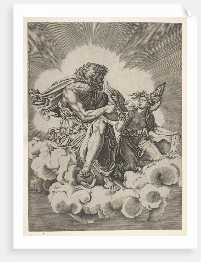 St. Matthew, seated on a cloud with legs crossed and dipping a quill into an inkwell…, after 1518 by Unknown
