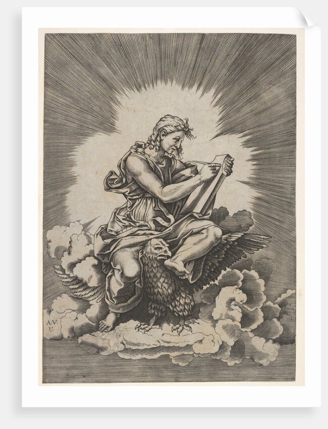 St. John, seated and holding a writing instrument to a tablet, an eagle with outstre…, after 1518 by Unknown