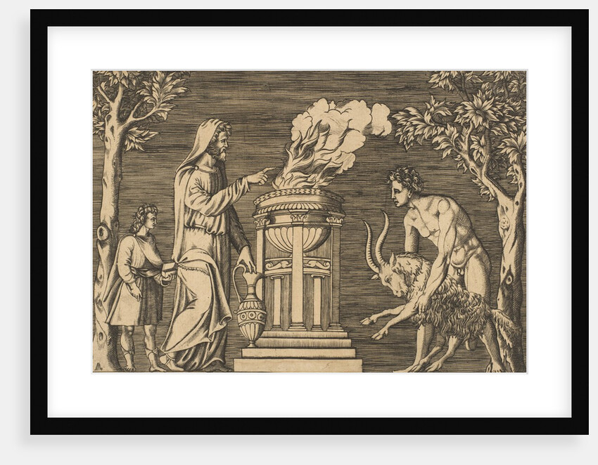The sacrifice of a ram held by a naked man at right, hooded priest at left with a…, ca. 1515-1600 by Unknown