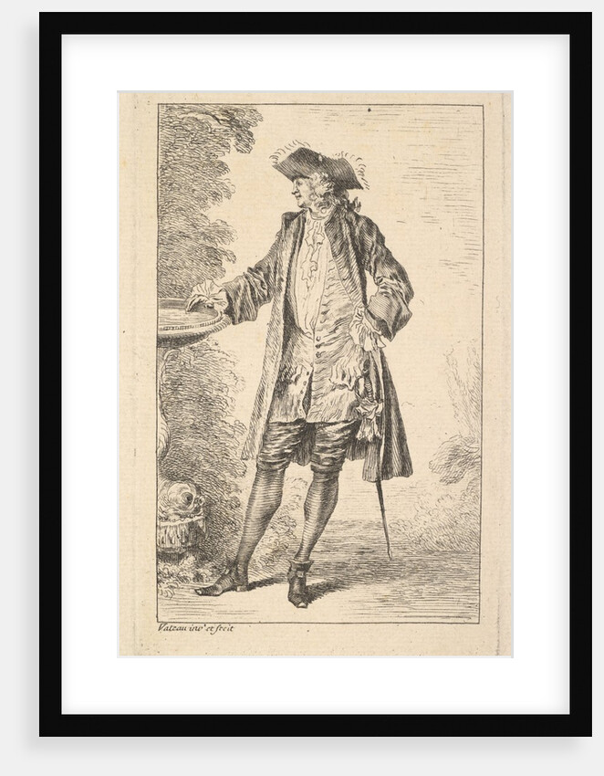 Standing man with his right hand resting on a basin, shown in three-quarters view with…, ca. 1710 by Jean-Antoine Watteau
