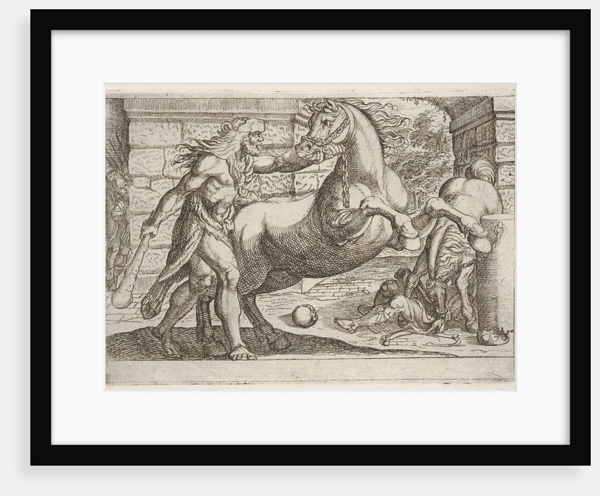 Hercules and the Mares of Diomedes: Hercules grasps the bridle of a rearing horse, a secon…, 1608 by Antonio Tempesta
