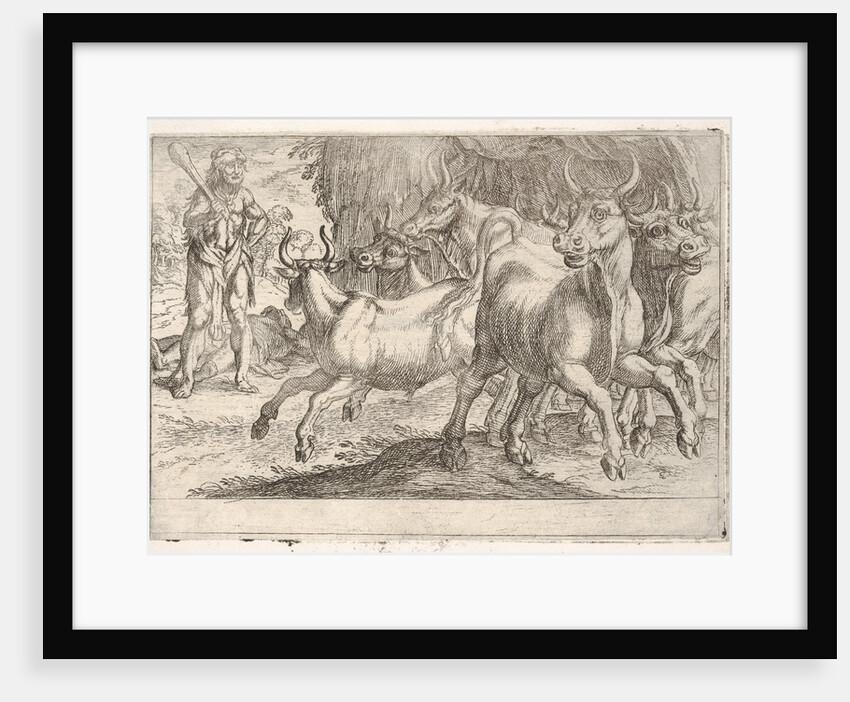 Hercules and the Oxen of Geryones: with a club raised by his right hand, Hercules confront…, 1608 by Antonio Tempesta