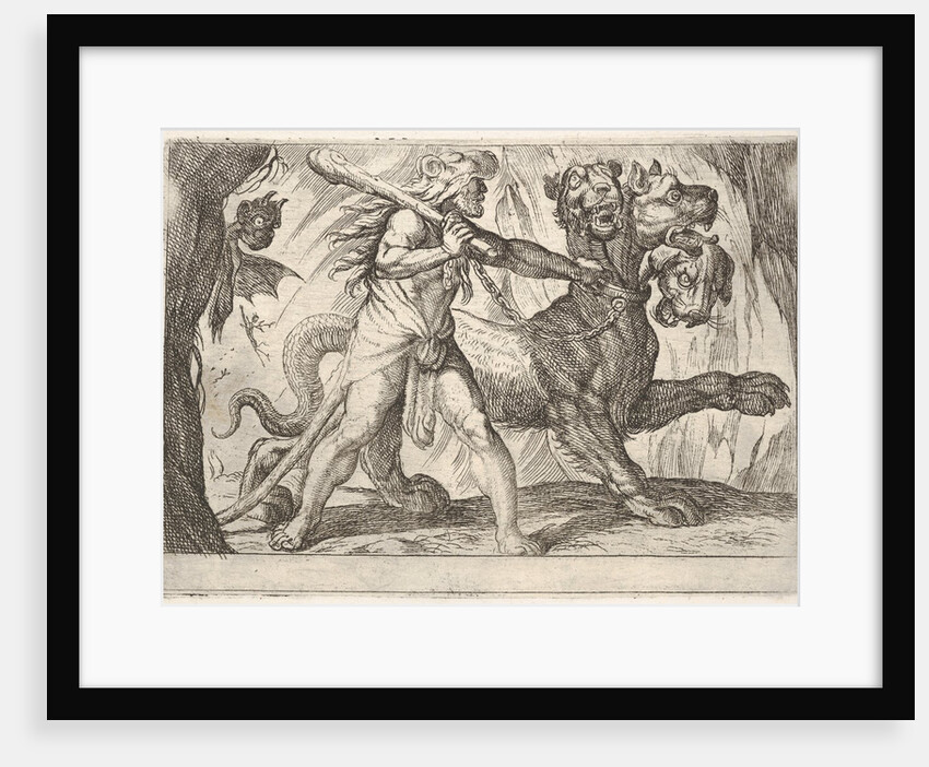 Hercules and Cerberus: Hercules grasps the collar of Cerberus, two demons appear at left…, 1608 by Antonio Tempesta