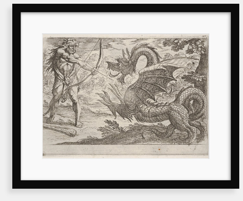 Hercules and the Serpent Ladon: Hercules draws his bow, the rearing serpent appears in pro…, 1608 by Antonio Tempesta
