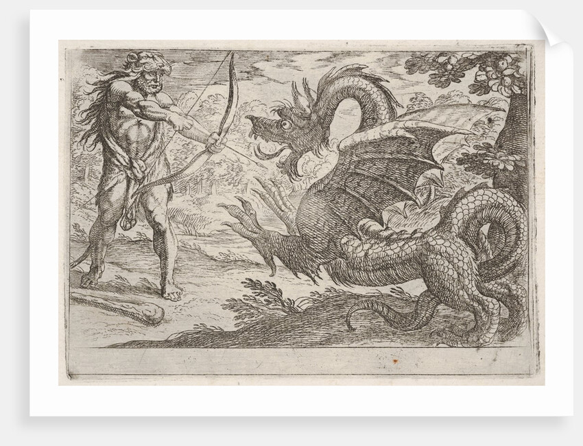 Hercules and the Serpent Ladon: Hercules draws his bow, the rearing serpent appears in pro…, 1608 by Antonio Tempesta