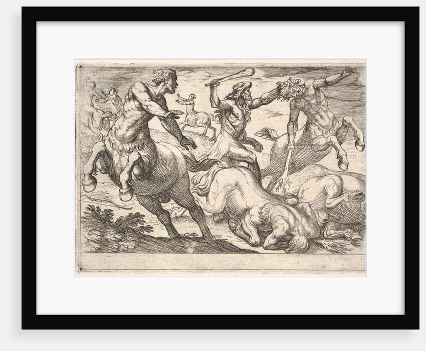 Hercules and the Centaurs: Hercules holds the head of a centaur with his left hand and rai…, 1608 by Antonio Tempesta