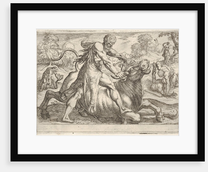 Hercules and Achelous: at center Hercules grasps the horns of a bull while pressing his ri…, 1608 by Antonio Tempesta
