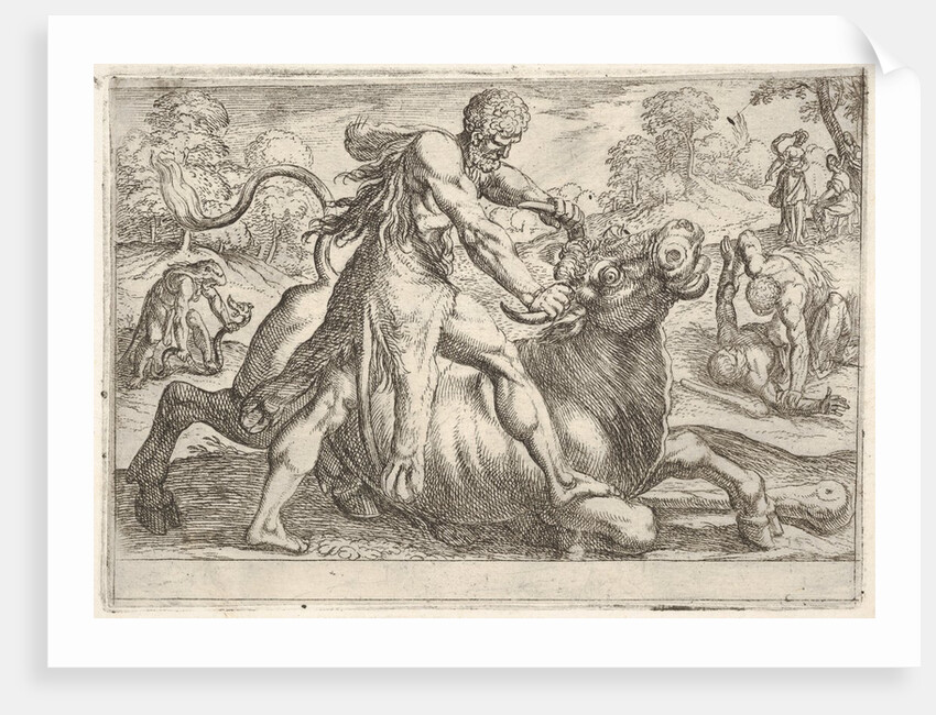 Hercules and Achelous: at center Hercules grasps the horns of a bull while pressing his ri…, 1608 by Antonio Tempesta