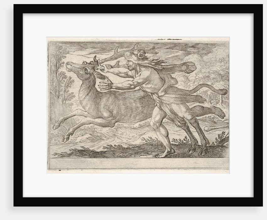 Hercules and the Hind of Mount Cerynea: Hercules strides alongside the hind and grasps the…, 1608 by Antonio Tempesta