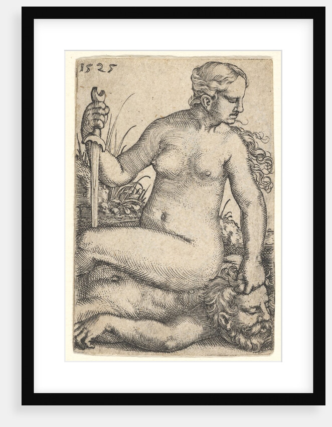 Judith, looking towards the right, seated nude atop the dead body of Holofernes, with a sw…, 1525 by Barthel Beham