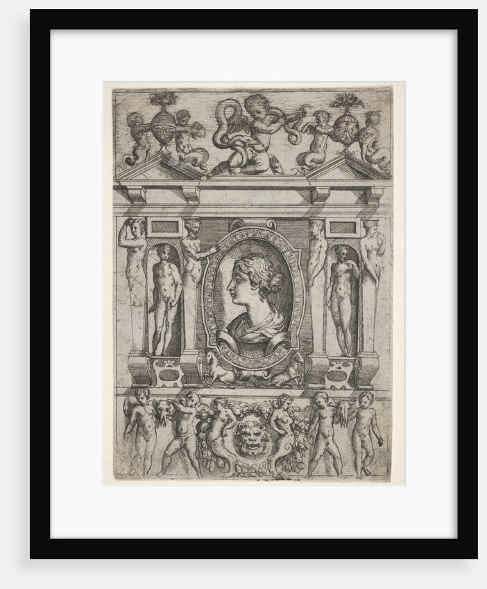 Bust of a woman in profile facing left, set in an elaborate frame with figures in n…, ca. 1540-80 by Battista del Moro