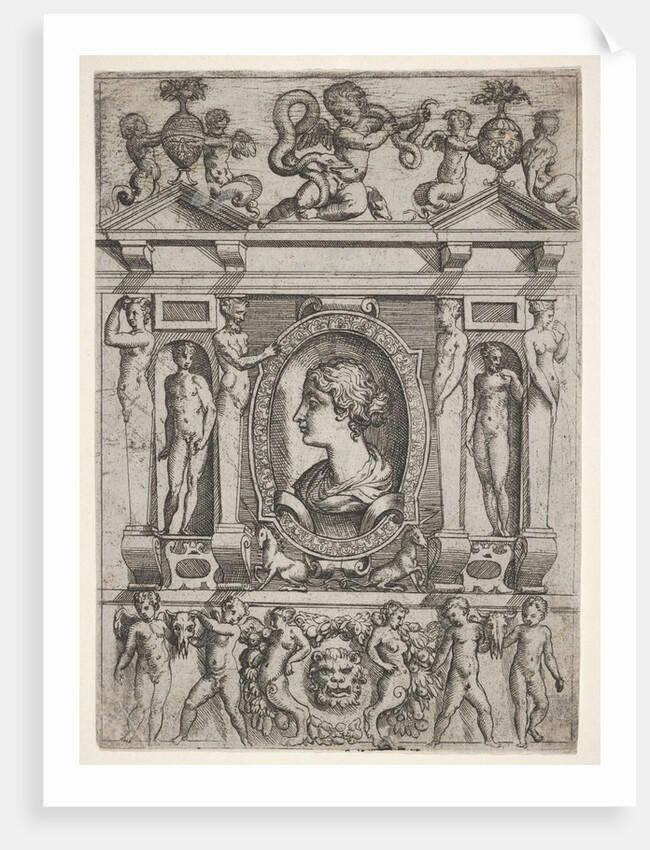 Bust of a woman in profile facing left, set in an elaborate frame with figures in n…, ca. 1540-80 by Battista del Moro