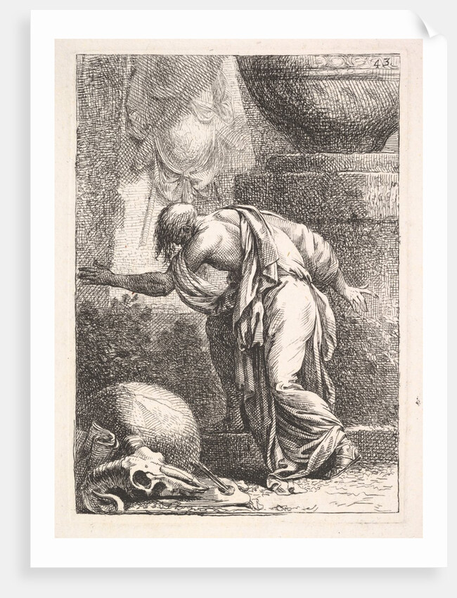 A young man, seen from behind and ascending a step towards the left, a cloak draped over h…, 1766 by Bossi