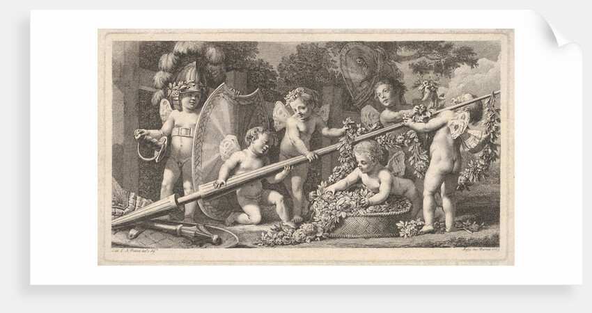 Six putti playing with the arms of Mars, four holding onto a large lance, one on the left …, 1769 by Bossi