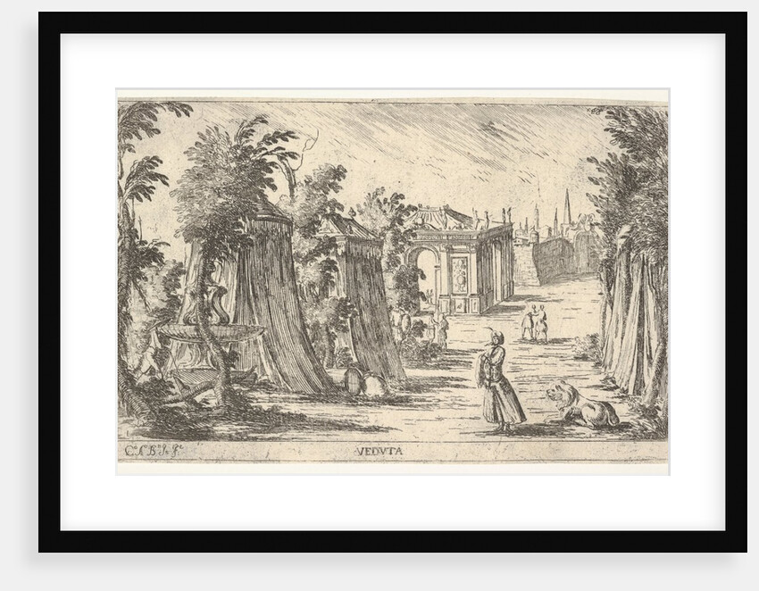 View with a man in a turban and a lion standing at right, tents and classical archite…, 1680-1710 by Carlo Antonio Buffagnotti