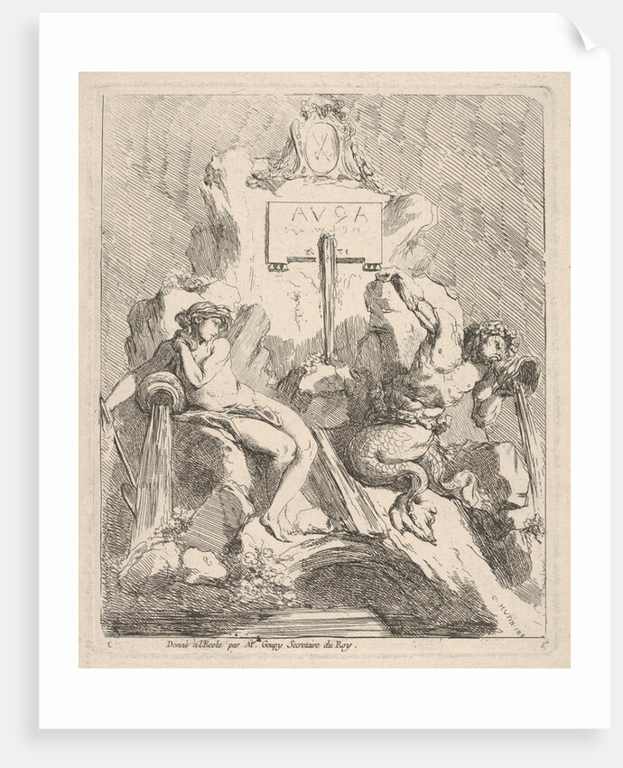 Design for a fountain with a seated nymph at left and triton holding a shell to his mouth …, 1768 by Charles Hutin
