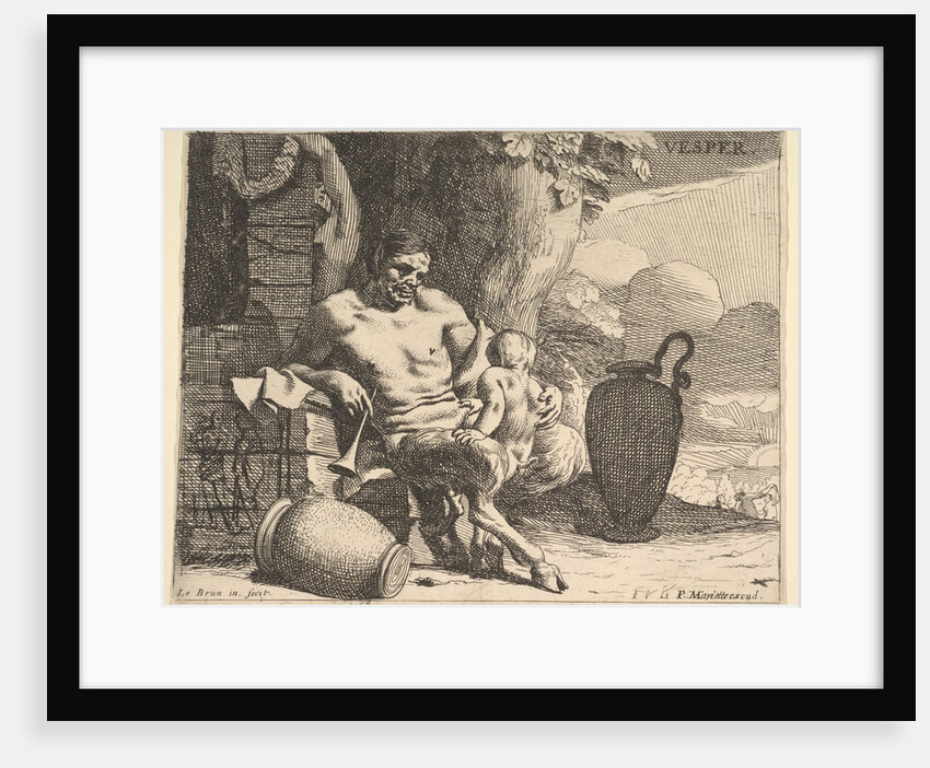 Evening: a seated satyr clasps his child, a figure hangs a garland on a pier beyond, f…, ca. 1640 by Charles le Brun