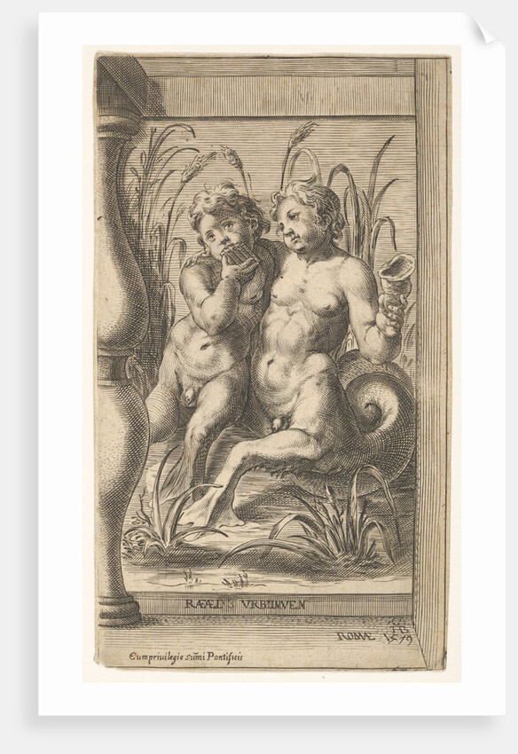 Two tritons embracing, one playing a panpipe, the second holding a conch shell set within …, 1579 by Cherubino Alberti