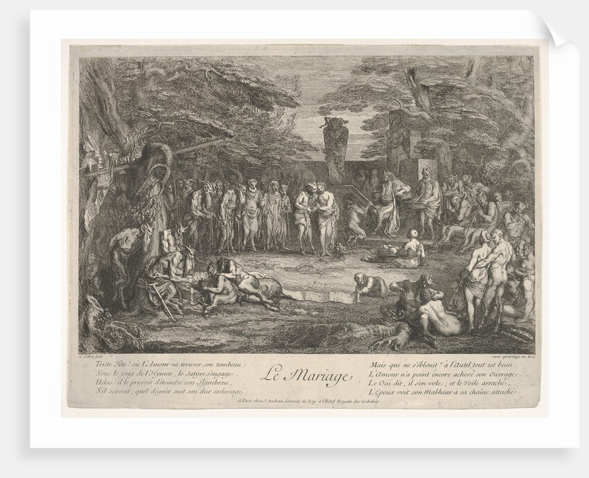 The Marriage: in a forest, an old satyr marries the betrothed in cen…, ca. 1700-1720 by Claude Gillot