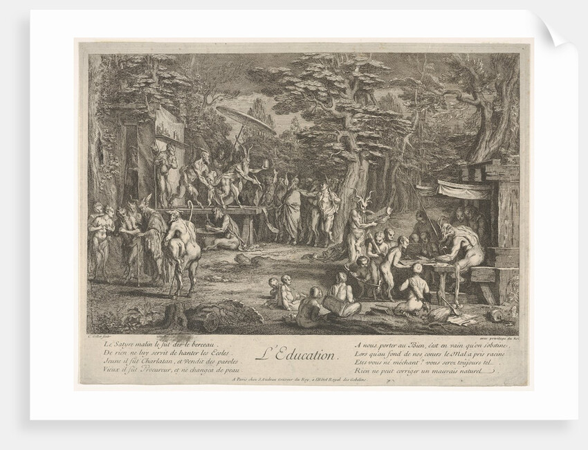 The Education: in a forest, to right an old satyr instructor holdin…, ca. 1700-1720 by Claude Gillot