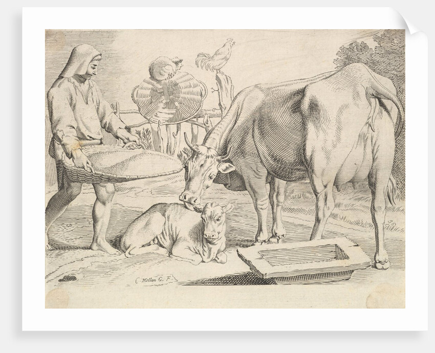 Country Scene with a Peasant, Cow and Calf by Claude Mellan