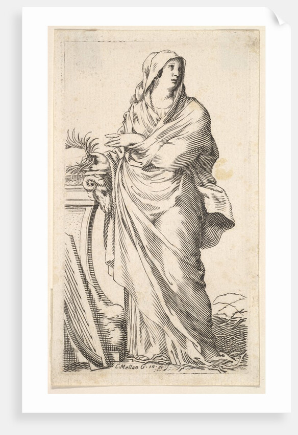 Robed woman standing next to a plinth, her right hand bears a palm branch, a harp r…, ca. 1620-88 by Claude Mellan