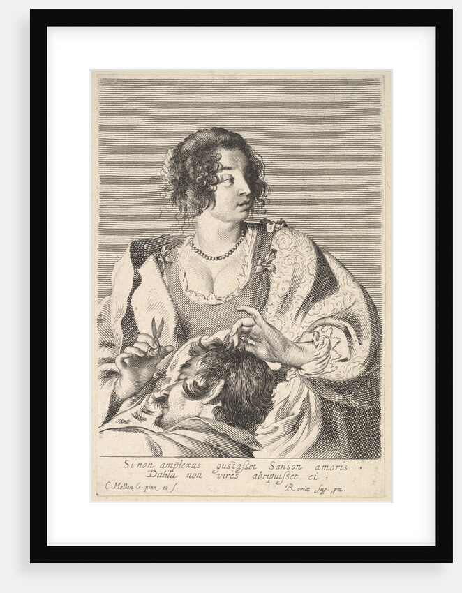 Delilah preparing to cut Samson's hair with scissors in her right hand, below her ches…, ca. 1629 by Nicolas Viennot