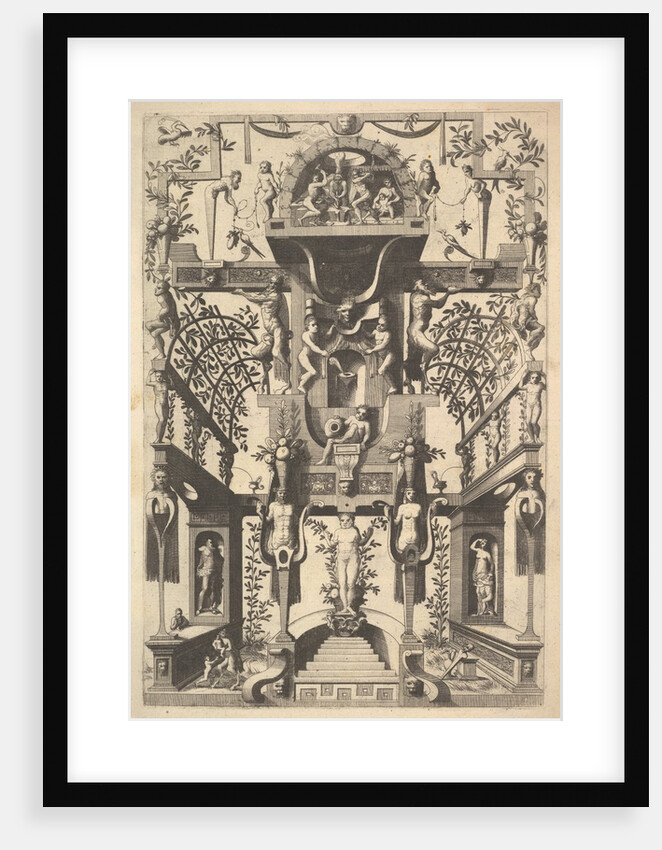 Fantastic Architecture Structure with Strapwork and Two Pergolas and a Small Scene with Vu…, 1557 by Cornelis Floris II