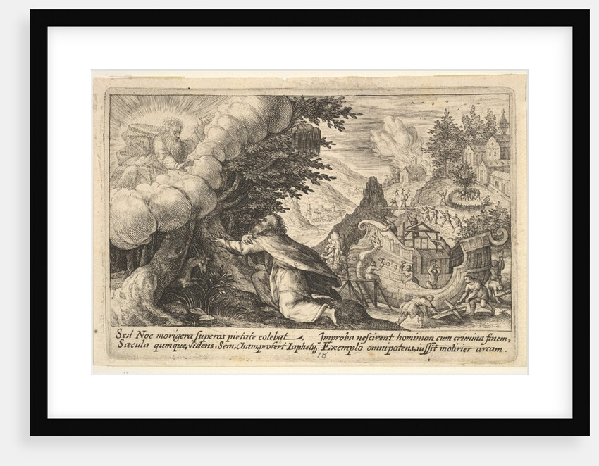 Noah kneeling before God at left, the construction of the ark underway beyond, from a seri…, 1612 by Crispijn de Passe I
