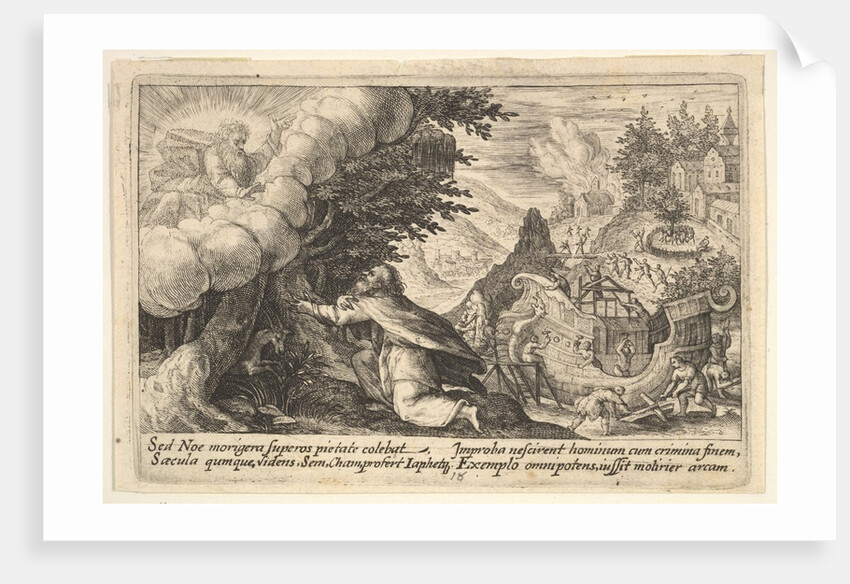 Noah kneeling before God at left, the construction of the ark underway beyond, from a seri…, 1612 by Crispijn de Passe I