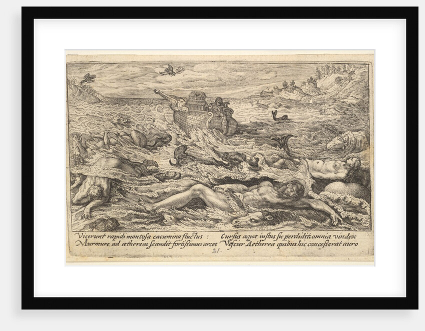 The Flood destroys life on earth: corpses of humans and animals adrift in the foreground…, 1612 by Crispijn de Passe I